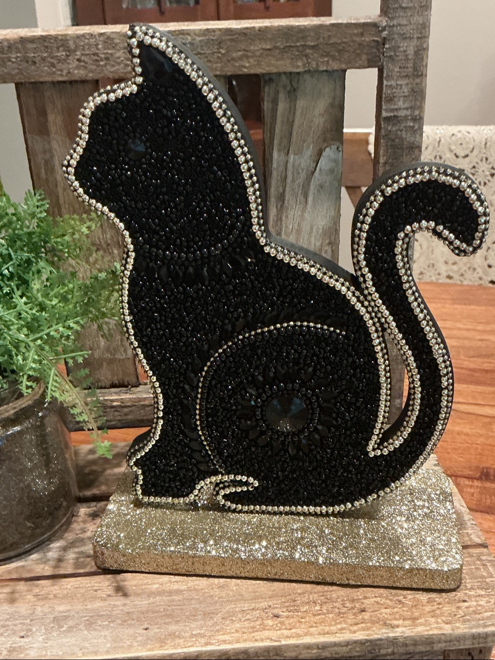 Beaded Halloween Black Cat Tabletop Decor